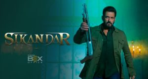 Sikandar-What to Expect from the Upcoming Blockbuster Bold action movie poster featuring a tough male character holding a weapon for the film Sikandar, showcased on Inside Box Office, emphasizing Indian cinema, blockbuster releases, and film industry updates.