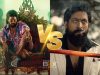 Does Pushpa 2 The Rule have lesser hype than KGF 2 ? An animated comparison between two intense film characters, highlighting a box office rivalry. The left features a charismatic villain sitting on a luxurious throne, the right shows a rugged man with a cigarette, embodying conflict and drama.