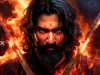 Chhaava Day Wise Detailed Box Office Collection | India and Overseas A fierce warrior with fire in the background holding two swords, intense expression, rugged look, cinematic action scene for inside box office.