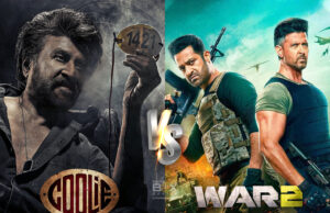War 2 Hype Vs Rajinikanth’s Coolie | The Clash Winner At Box Office ? High-Stakes Action Movie Poster Featuring Fierce, Armed Characters From &Quot;Gully&Quot; And &Quot;War 2&Quot; With Intense Backdrops, Emphasizing Blockbuster Bollywood And Indian Cinema Action Genres.