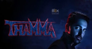 Everything About Ayushmann Khurrana Starrer Thamma 2025 Film A dark themed horror movie poster featuring a male actor with intense gaze, illuminated by moody blue and red lighting, showcasing the film's name "Hamina" in cracked, fiery text.