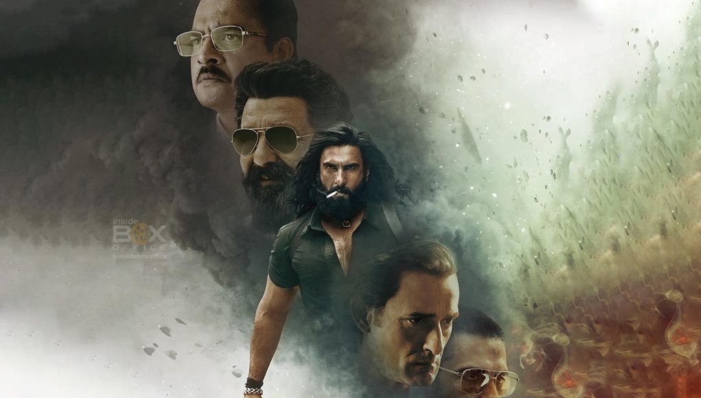 dhurandhar feature3 1. Inside Box Office movie poster featuring Bollywood stars with intense expressions, smoke, and explosions, promoting Dhrusandhar film.