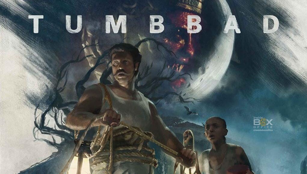 Tumbbad 2018 Movie Poster An atmospheric poster of the Indian horror-fantasy film Tumbbad, showcasing the main characters with a dark, eerie background and a large moon, emphasizing the film's mysterious and cult classic appea.