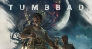Tumbbad 2018 Review – A Cult Classic That Stands The Test Of Time An Atmospheric Poster Of The Indian Horror-Fantasy Film Tumbbad, Showcasing The Main Characters With A Dark, Eerie Background And A Large Moon, Emphasizing The Film'S Mysterious And Cult Classic Appea.