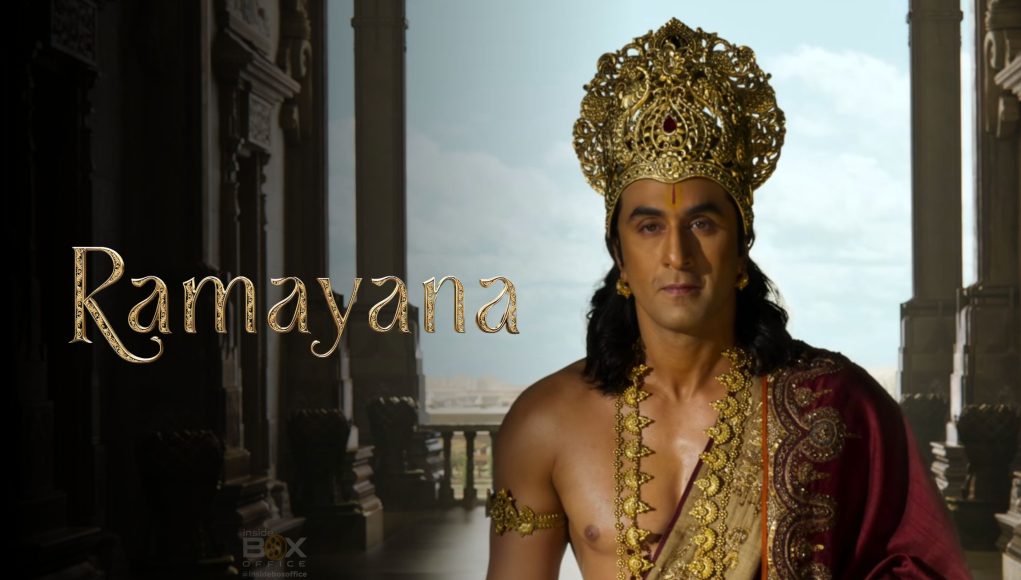 An image of Ranbir Kapoor portraying Lord Ram in a grand, traditional costume from the Ramayana series, highlighting his divine role and regal attire.