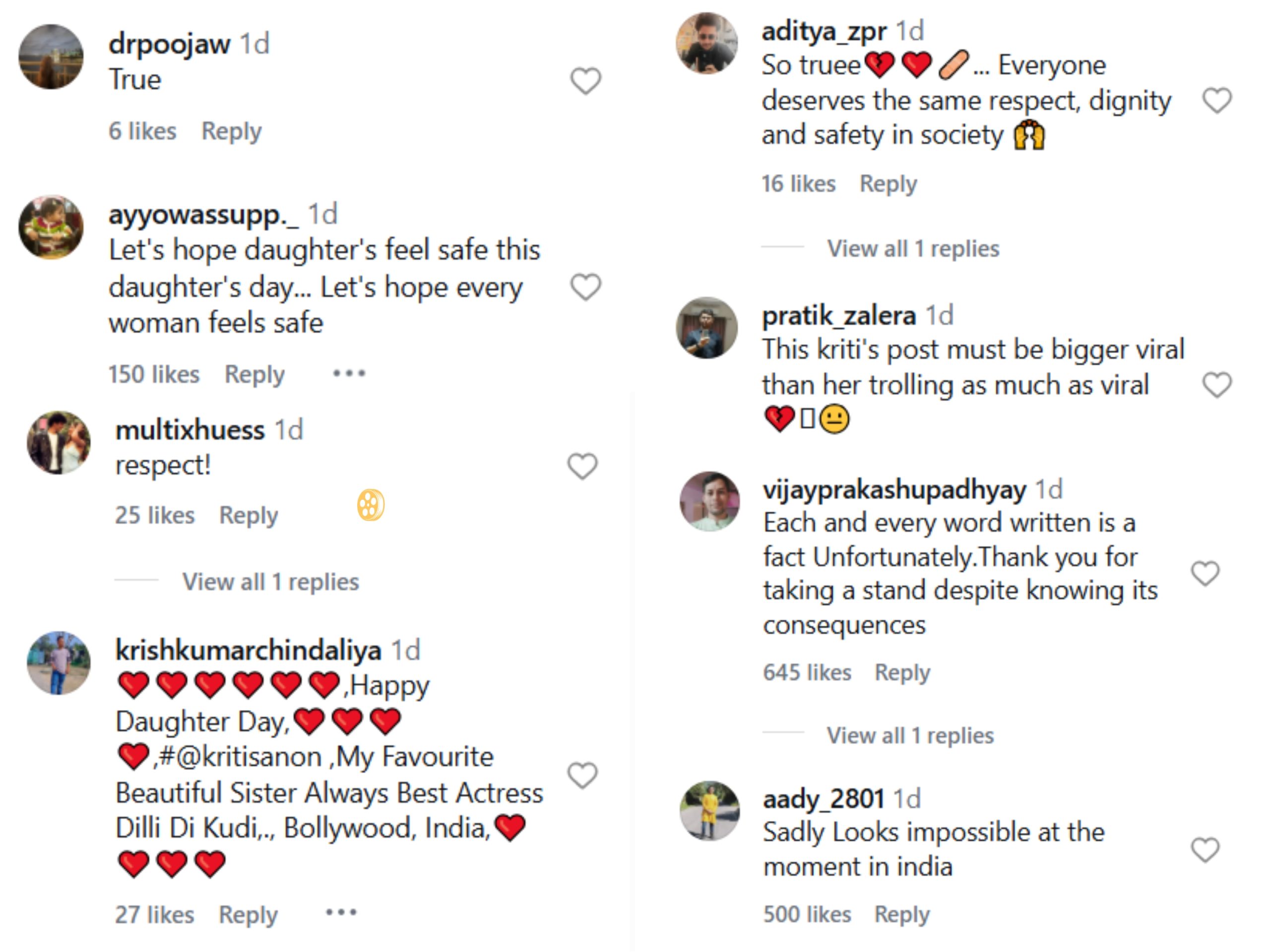 Kriti Sanon's daughter's day post comments